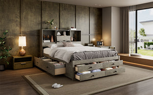 English Elm Queen Platform Bed with Built-In Headboard Storage and 8 Drawers, Solid Wood MDF, Sturdy Design Gray GX000453AAE