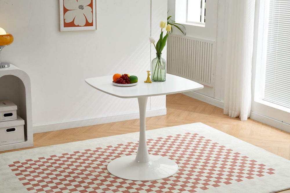 English Elm 31.5 White Square Dining Table for 2-4, Mid-Century Tulip Style with Sturdy Metal Pedestal Base W3766P370526