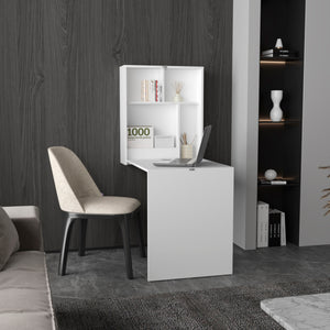English Elm Kaplar Wall-Mounted Folding Table 33"x23" with Four Shelves — Space-Saving White Desk & Ironing Station B200P253739