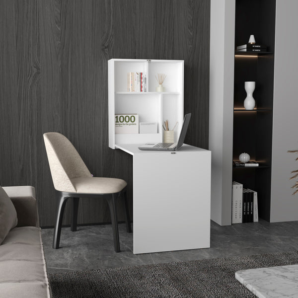 English Elm Kaplar Wall-Mounted Folding Table 33"x23" with Four Shelves — Space-Saving White Desk & Ironing Station B200P253739