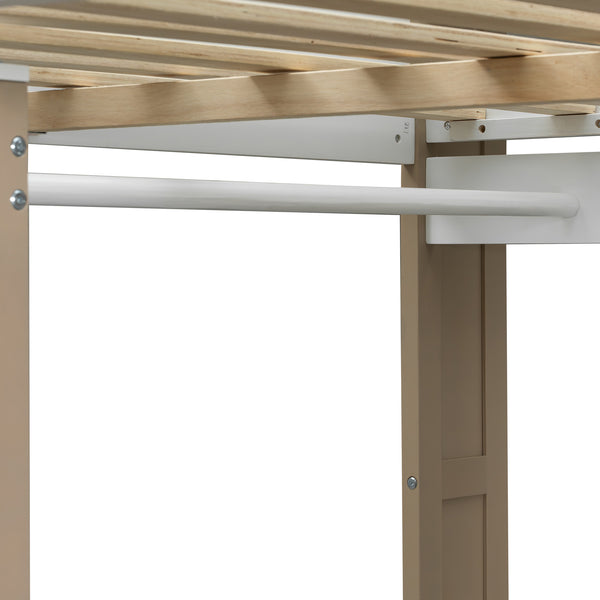 English Elm Full Size Wood Loft Bed With Desk, Wardrobe & Storage Shelves - Stylish Space-Saving Solution! N7090005007K