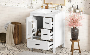 English Elm Modern 24 Inch Bathroom Vanity Solid Wood Cabinet with Ceramic Sink and Soft Close Storage White N729P292859K