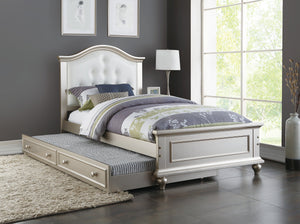 English Elm Contemporary Twin Bed with Trundle and Tufted Upholstered Headboard, Sturdy Slats, Kids Bedroom Furniture Silver,White 83 L x 12 W x 9 H B011S02034