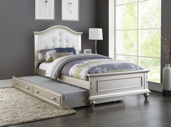 English Elm Contemporary Twin Bed with Trundle and Tufted Upholstered Headboard, Sturdy Slats, Kids Bedroom Furniture Silver,White 83 L x 12 W x 9 H B011S02034