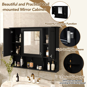 English Elm 35'' Modern Wall-Mounted Medicine Cabinet with Mirror, Hidden Storage and Open Shelves for Bath Black N710P209443B