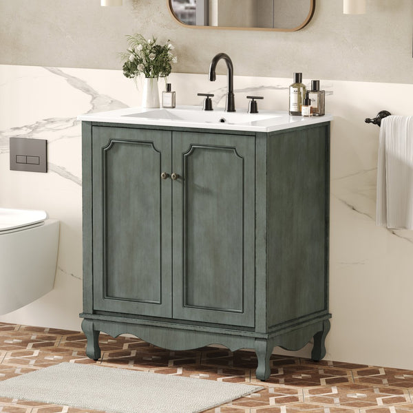 English Elm Christopher Knight Home® - 30" Vintage Bathroom Vanity with Rectangle Ceramic Sink, Rubber Wood Legs, Soft-Close Doors, Adjustable Shelves Antique blue green,Teal N817P245316B