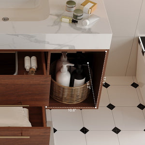 English Elm 39.4 Inch Floating Bathroom Vanity Sintered Stone Top Solid Wood 2 Soft Close Drawers W3136S00034
