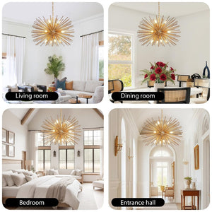 English Elm 29" Sputnik Chandelier Gold Iron 12 Arm Starburst Pendant Mid-century Foyer Light W1340P279982