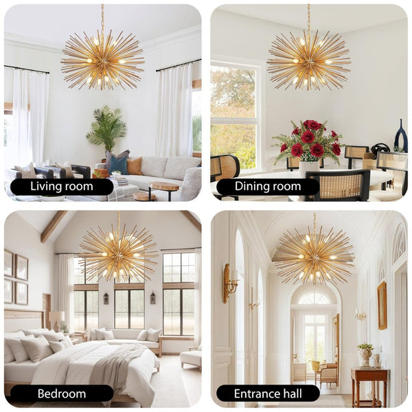 English Elm 29" Sputnik Chandelier Gold Iron 12 Arm Starburst Pendant Mid-century Foyer Light W1340P279982