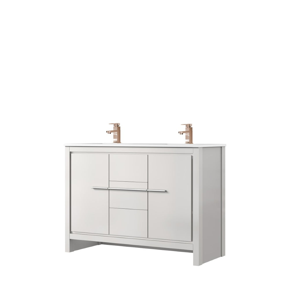 English Elm White Double Bath Vanity With Cultured Marble Top & Rose Gold Faucet - Stylish Storage Solution B2731P259432-GIGA
