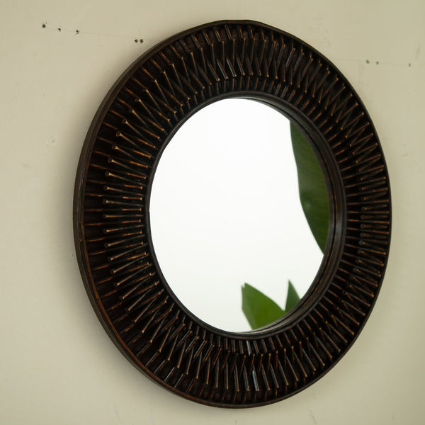 English Elm 24'' Aura Mirror Rustic Dark Bamboo Round Wall Mirror with Hand-Finished Log-Style Frame for Home Decor W2615P346487