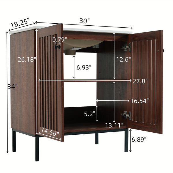 English Elm Christopher Knight Home® - 30" Vintage Bathroom Vanity with Rectangle Ceramic Sink, Rubber Wood Legs, Soft-Close Doors, Adjustable Shelves Antique brown,Dark Brown N817P245324B