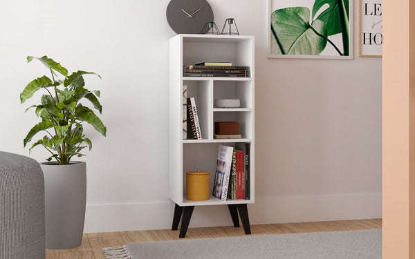 Manhattan Comfort Warren Mid-Century Modern Bookcase White with Black Feet 179AMC205