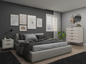 Manhattan Comfort Rockefeller Mid-Century Modern 2- Piece Tall Dresser and Nightstand Off White and Nature 179GMC3