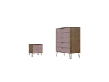 Manhattan Comfort Rockefeller Mid-Century Modern 2- Piece Tall Dresser and Nightstand Nature and Rose Pink 179GMC6