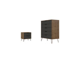 Manhattan Comfort Rockefeller Mid-Century Modern 2- Piece Tall Dresser and Nightstand Nature and Textured Grey 179GMC7