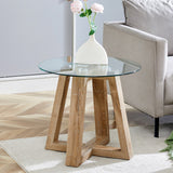 English Elm Modern and Practical Round Table. Made Of Clear Tempered Glass Top and Wood-Coloured Mdf Material. Suitable For Living Rooms and Bedrooms.