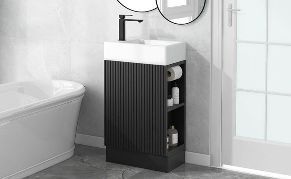 English Elm 18.6" Bathroom Vanity with Sink and Ceramic Top, MDF Cabinet with Door, TP Holder & Shelf Black N725P212181B