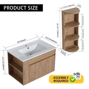English Elm 30" Wall-Mounted Bathroom Vanity With Ceramic Sink, Soft-Close Doors & Versatile Storage Rack W999S00342