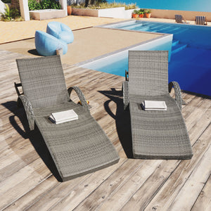 English Elm K&K 80" Outdoor Wicker Chaise Lounge Set of 2 with 2000H UV Wicker, Pull-Out Side Table, 4-Position Recliner Grey WF321204AAE