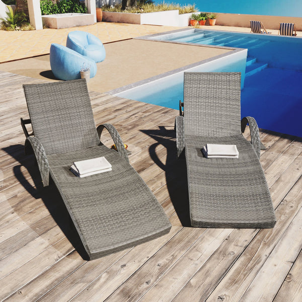 English Elm K&K 80" Outdoor Wicker Chaise Lounge Set of 2 with 2000H UV Wicker, Pull-Out Side Table, 4-Position Recliner Grey WF321204AAE