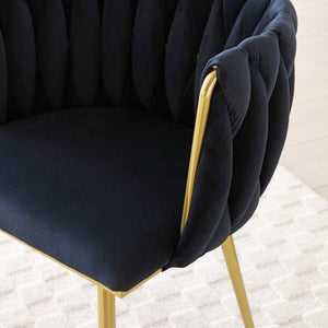 English Elm Modern Velvet Dining Chairs Set of 2 with Woven Backrest and Gold Metal Legs, Elegant Arc Design for Home Black W1117P209796