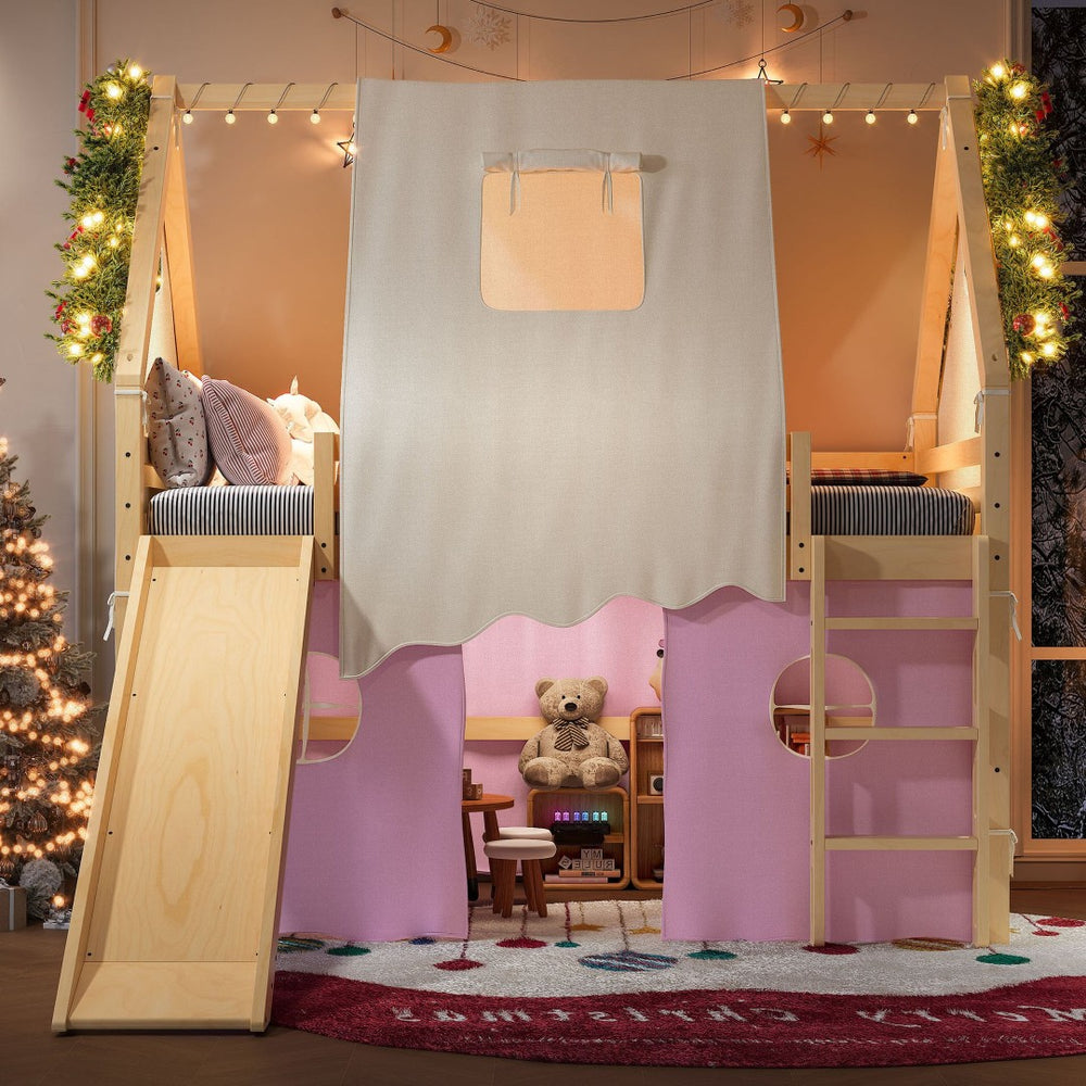 English Elm Full Size Pine Loft Bed with Slide Tent Panels Led Lights and Play Space Below W1580S00291