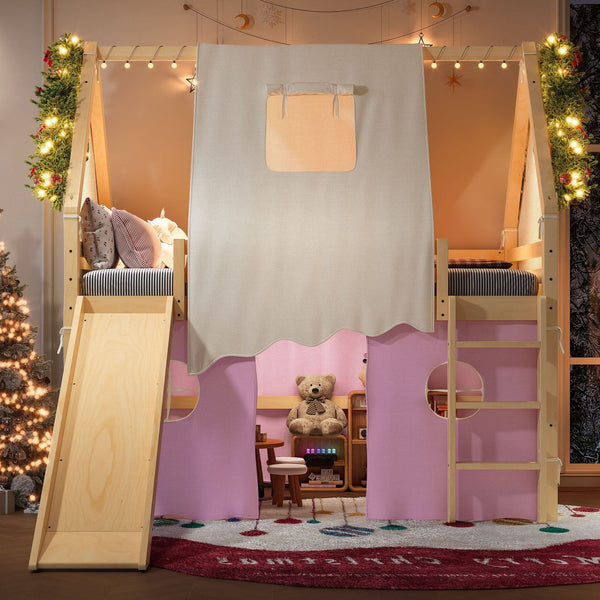 English Elm Full Size Pine Loft Bed with Slide Tent Panels Led Lights and Play Space Below W1580S00291