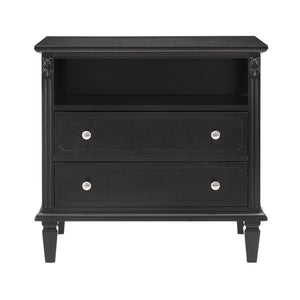 English Elm Open Dresser Nightstand with Charging Station and Open Shelf, 2 Drawers, Solid Wood Legs, Farmhouse Appeal Black W1693P216933