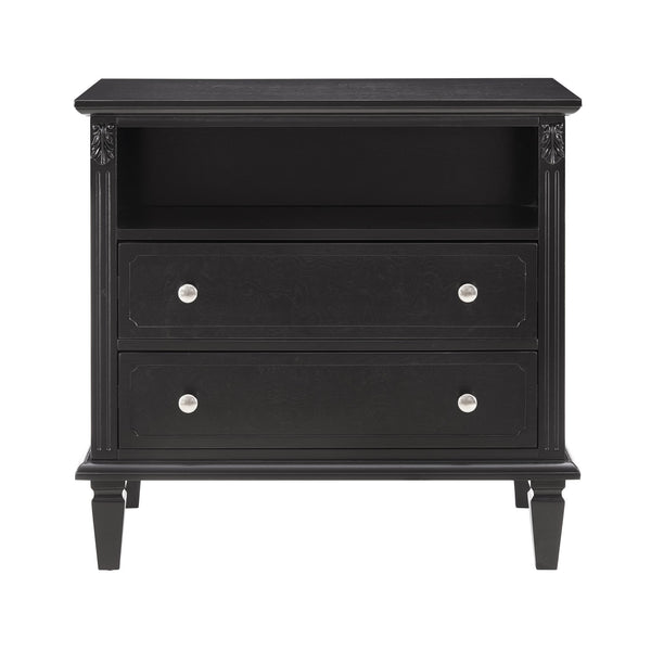 English Elm Open Dresser Nightstand with Charging Station and Open Shelf, 2 Drawers, Solid Wood Legs, Farmhouse Appeal Black W1693P216933