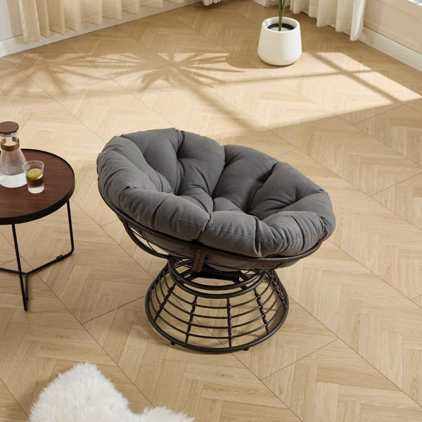 English Elm Comfortable Rattan Papasan Swivel Chair Overstuffed Cushion Bohemian Lounge Seating W640P443551