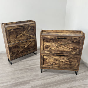 English Elm Shoe Rustic Brown Flip Drawer Cabinet with Metal Legs — Slim 24–32 Pair Organizer, Anti-Tip Entryway W1347P183668