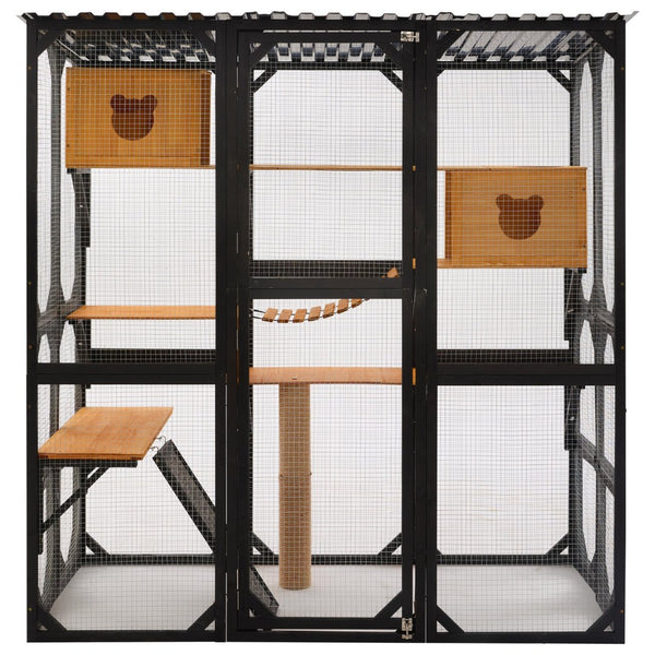 English Elm Outdoor Fir Wood Window Catio Enclosure with Four Climbing Platforms for Cats Black,Brown N719P418377D