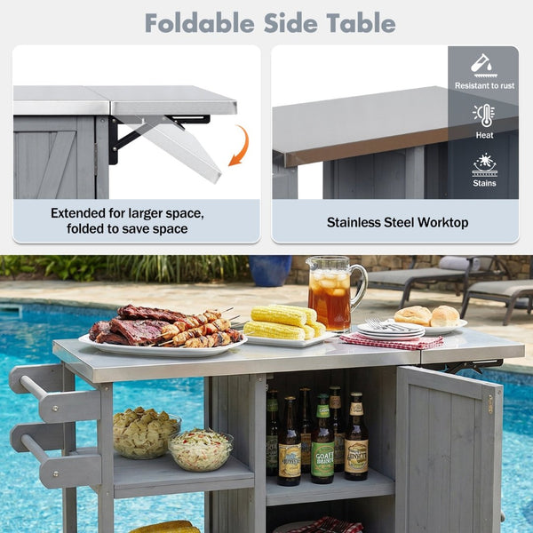 English Elm Foldable Outdoor Kitchen Cart with Stainless Worktop Fir Wood Frame and Lockable Wheels Grey N719P380281K