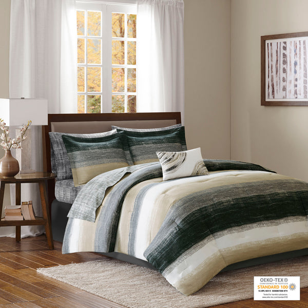 JLA Home Madison Park Essentials - 9 Modern Watercolor Stripe Comforter Set with Cotton Sheets, OEKO‑TEX, Antimicrobial, Plush & Breathable MPE10-167