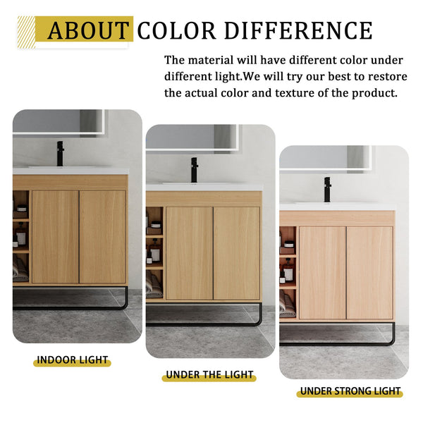 English Elm 60" Freestanding Bathroom Vanity with Dual Resin Sink, 4 Soft-Close Doors, 3 Open Shelves & Towel Hanger, Plywood Storage Boxes, Modern Durable Hardware W999S00480