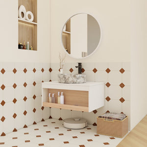 English Elm 30" Floating Wall Mount Bathroom Vanity Open Shelf Ceramic Vessel Sink Modern White Grey+White,White + Light Oak W3450S00059
