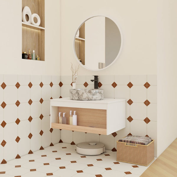 English Elm 30" Floating Wall Mount Bathroom Vanity Open Shelf Ceramic Vessel Sink Modern White Grey+White,White + Light Oak W3450S00059