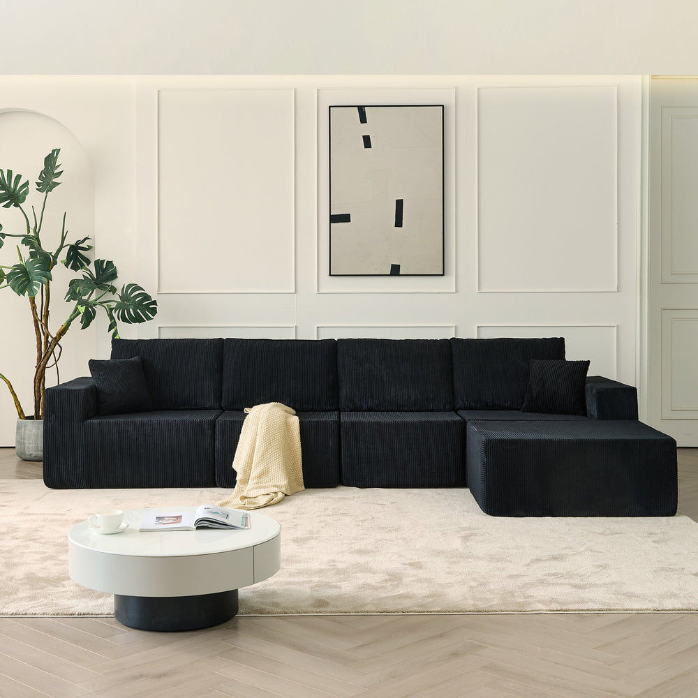 English Elm 139.3" Modular Sectional Sofa - Cloud-Like Boneless Corduroy Couch with Ottoman, 2 Pillows, No Assembly Black W2656S00007