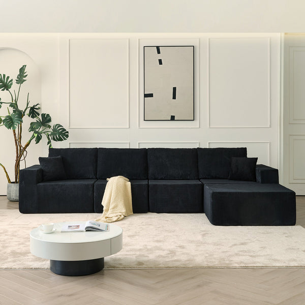 English Elm 139.3" Modular Sectional Sofa - Cloud-Like Boneless Corduroy Couch with Ottoman, 2 Pillows, No Assembly Black W2656S00007