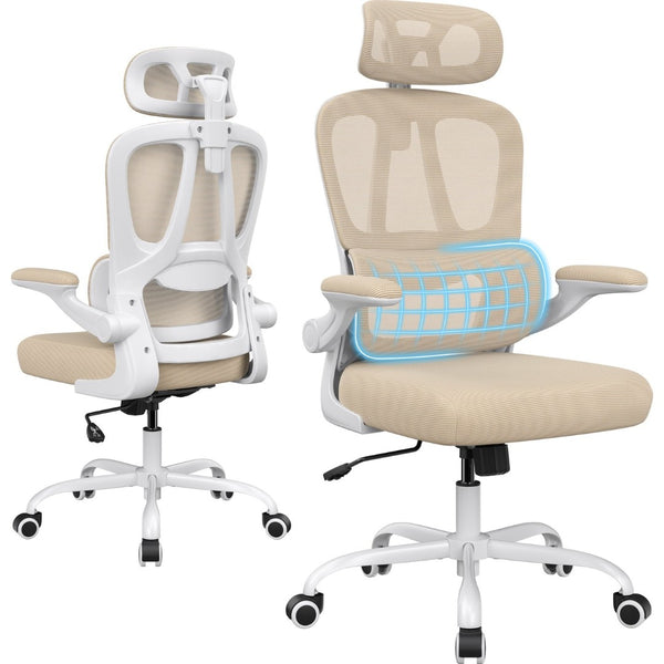 English Elm Ergonomic Mesh High Back Desk Chair with Lumbar Support Flip up Arms and Headrest Khaki,White T3623P434272