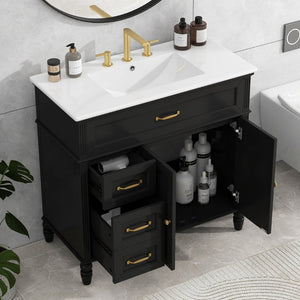 English Elm [video] 36 Inch Freestanding Bathroom Vanity Acacia Wood Legs Ceramic Sink Soft Close Black N759S340019B