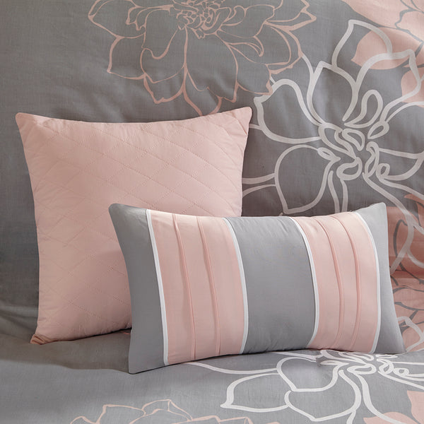 JLA Home Madison Park - 6 Piece Printed Duvet Cover Set with Floral & Stripe Motifs, OEKO-TEX Cotton, Button Closure Tie System Grey/Peach MP12-5673