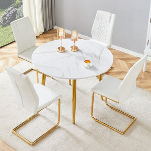 English Elm Table and Chair Set Extendable Mdf Round Oval Dining with Gold Arched Legs White+Gold W1151S03950