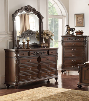 English Elm Traditional Antique Cherry/Walnut Dresser with Mirror, 9 Drawers, Carved Floral Accents, Metal Hardware and Bun Feet B011S01151