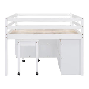 English Elm Full Size Kids Loft Bed Pinewood Frame Dual Study Desks Drawers and Open Shelving White LT000369AAK