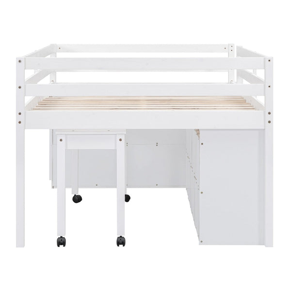 English Elm Full Size Kids Loft Bed Pinewood Frame Dual Study Desks Drawers and Open Shelving White LT000369AAK