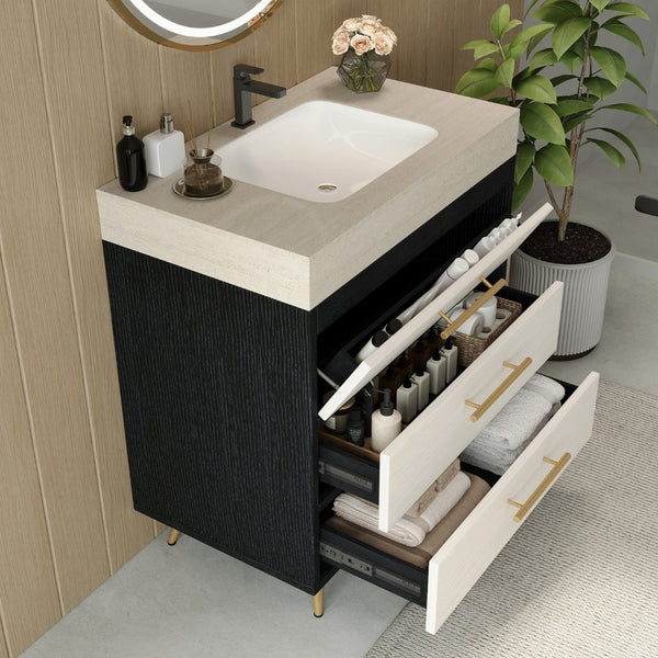 English Elm Modern Freestanding Bathroom Vanity Sintered Stone Top Ceramic Sink Gold Legs W3136S00048
