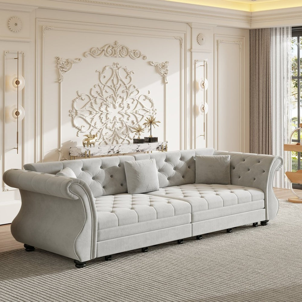 English Elm 97.6" Oversized Velvet Chesterfield Sleeper Sofa Floral Tufted Roll Arm Living Room Couch Light Grey W1885S00398