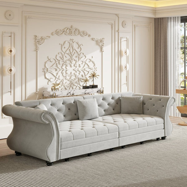 English Elm 97.6" Oversized Velvet Chesterfield Sleeper Sofa Floral Tufted Roll Arm Living Room Couch Light Grey W1885S00398